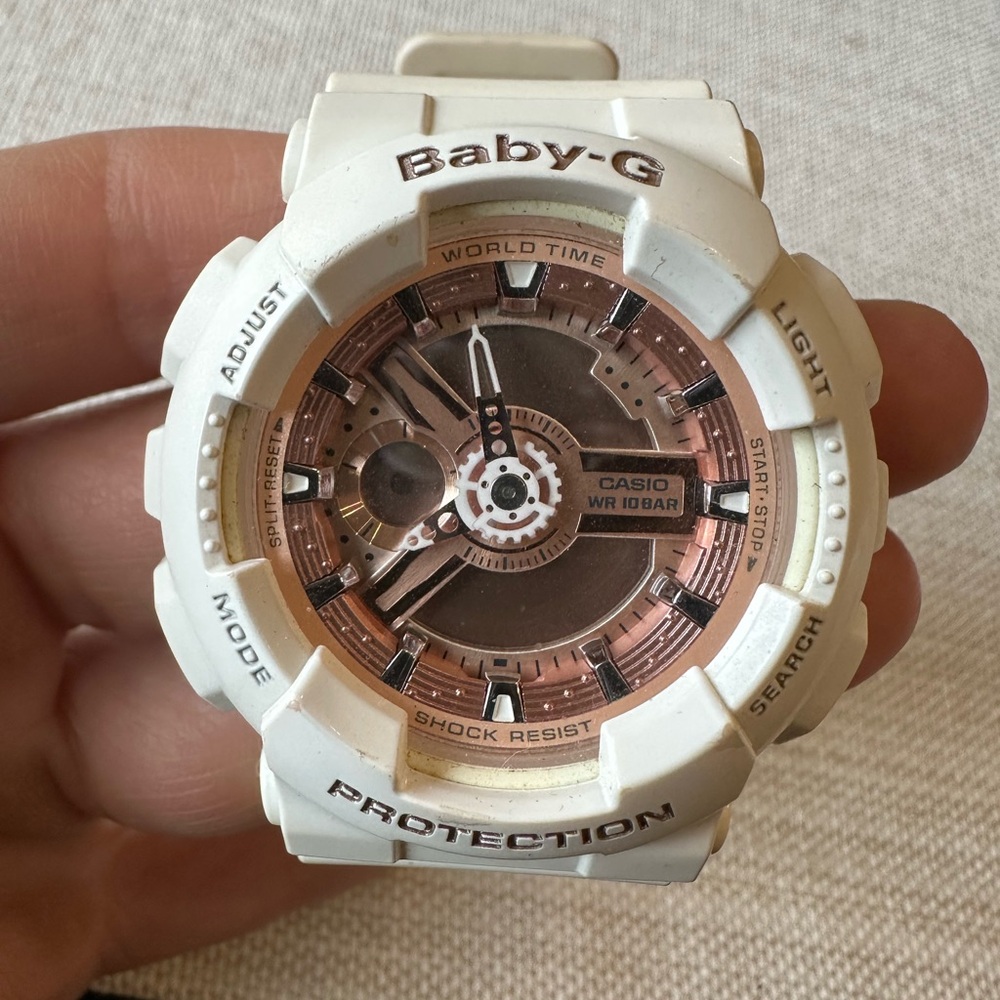 Casio Women's Watch Baby-G Chrono Rose Gold Dial White Resin Strap